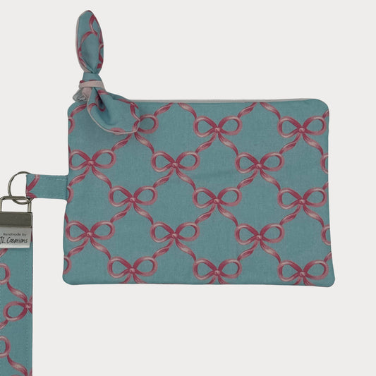 Wristlet Purse with attached Key Fob - Blue Bow
