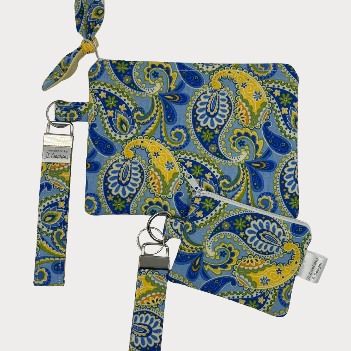 Wristlet Purse with attached Key Fob - Blue Paisley Bloom