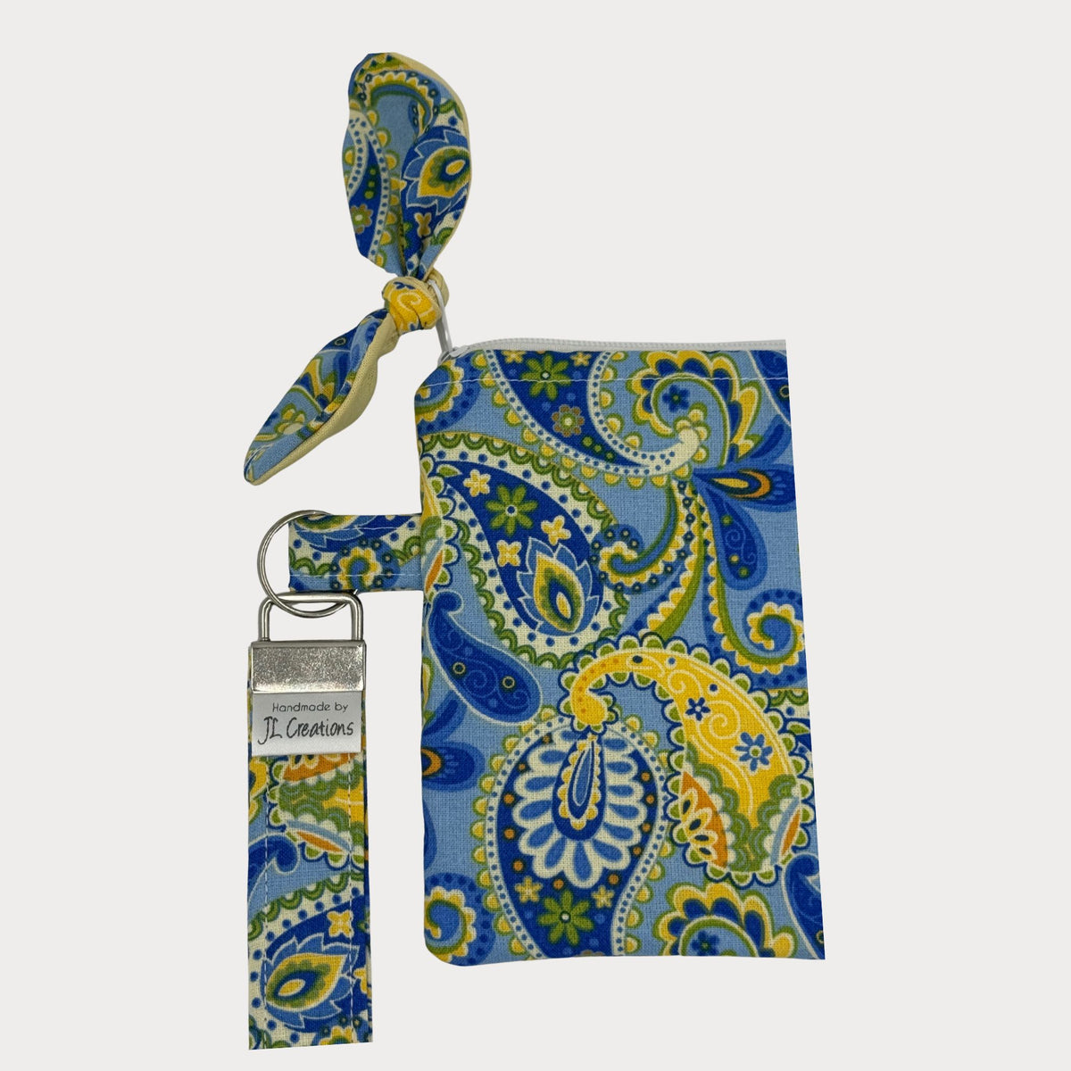 Wristlet Purse with attached Key Fob - Blue Paisley Bloom