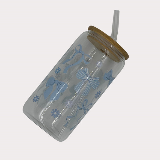 DTF Printed Glass Cups - Blue Bows