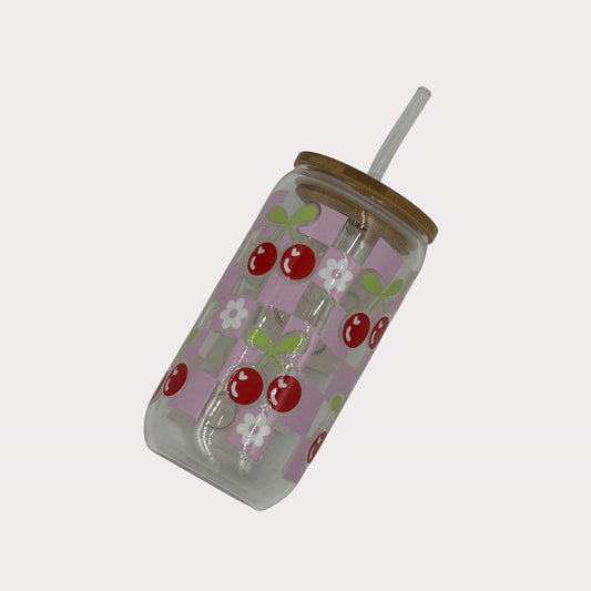 DTF Printed Glass Cups - Retro Cherries