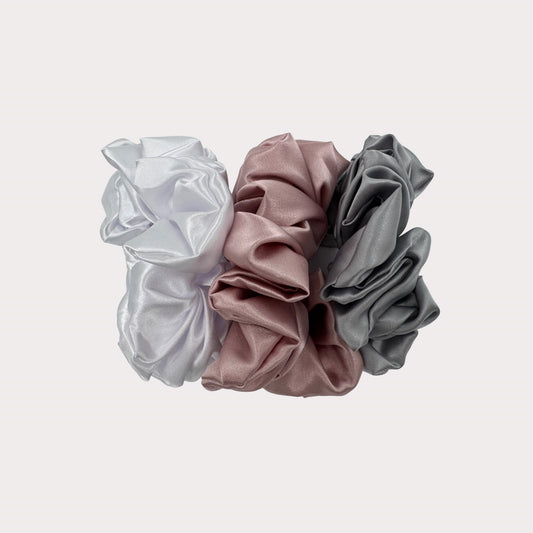 Scrunchies 3 Pack- Dusty Pink, Silver Blue & Soft Pearl Satin