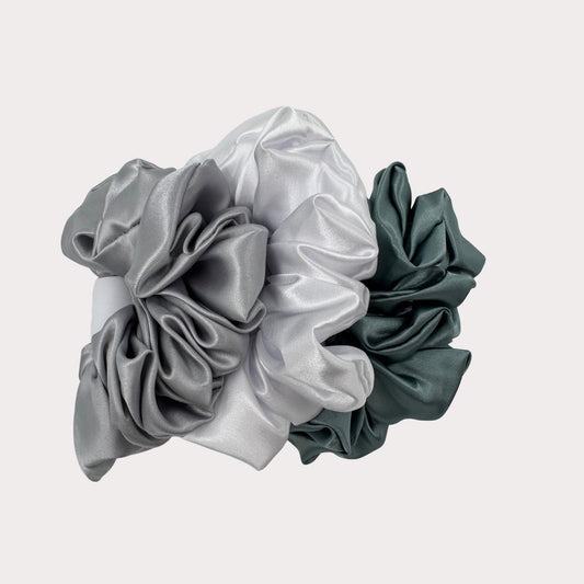 Scrunchies 3 Pack- Silver Blue, Soft Pearl & Soft Sage