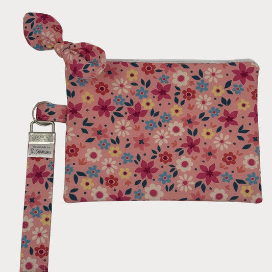 Wristlet Purse with attached Key Fob - Pink Daisy