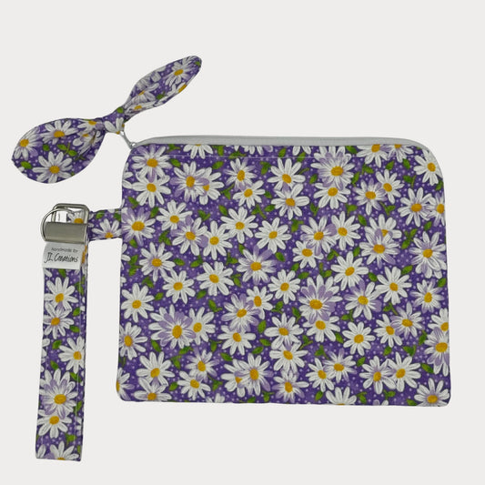 Wristlet Purse with attached Key Fob - Purple Daisy