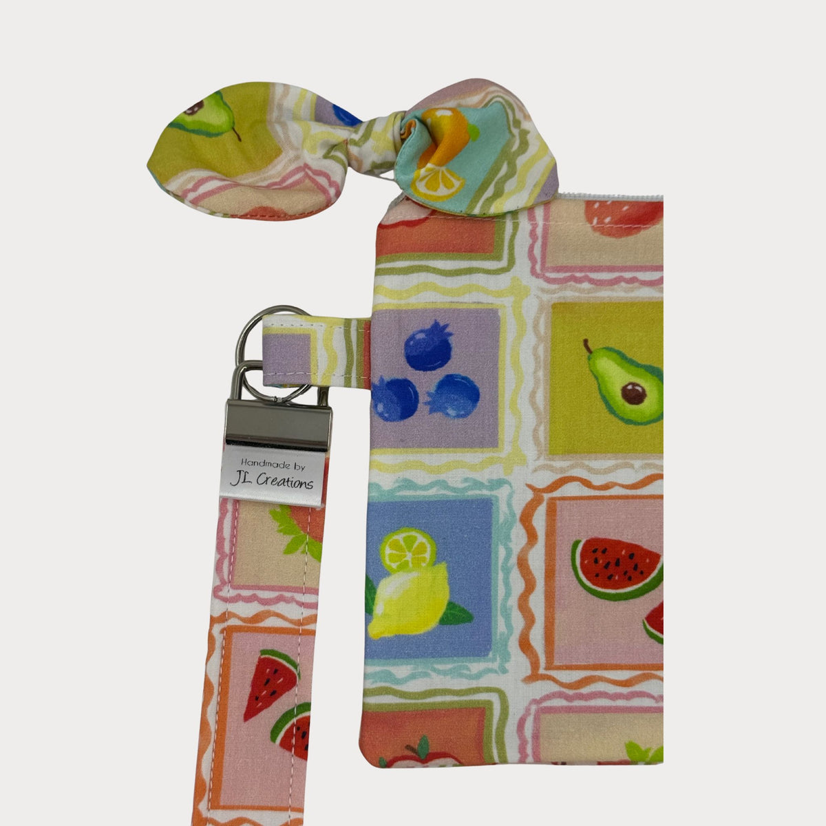 Wristlet Purse with attached Key Fob - Retro Fruit Tile Fabric