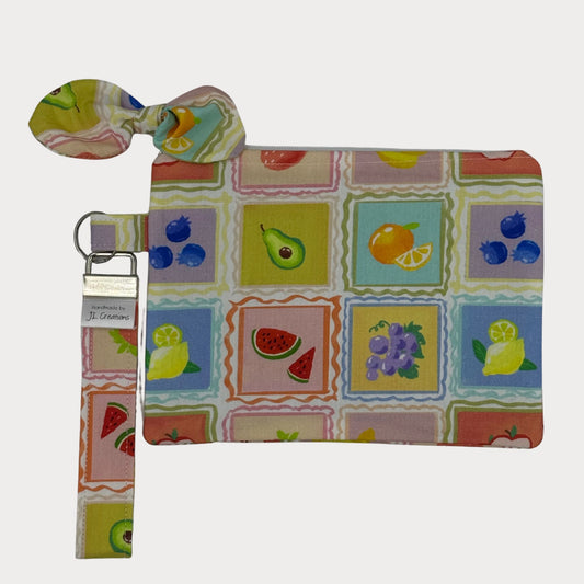 Wristlet Purse with attached Key Fob - Retro Fruit Tile Fabric
