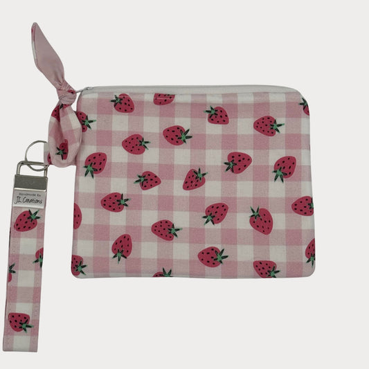 Wristlet Purse with attached Key Fob - Strawberry Check